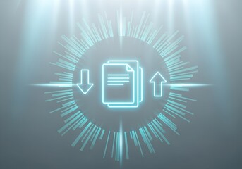 Digital document icon with upload and download arrows surrounded by glowing radial lines, symbolizing data exchange and cloud transfer