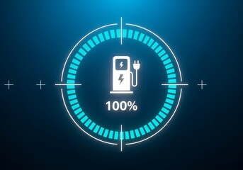 Digital icon of EV charging station with lightning bolt and 100% charge indicator on blue background
