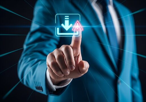 Business person pointing at virtual interface with download and warning icons, symbolizing digital interaction, caution, and cybersecurity