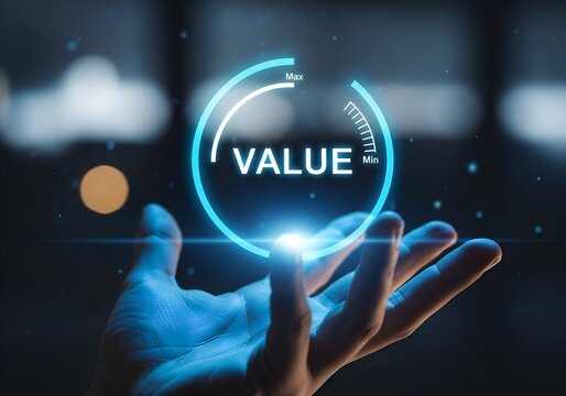 Human hand holding glowing digital gauge with value indicator, representing measurement, innovation, and futuristic technology - Powered by Adobe