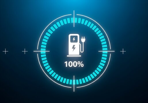 Digital icon of EV charging station with lightning bolt and 100% charge indicator on blue background