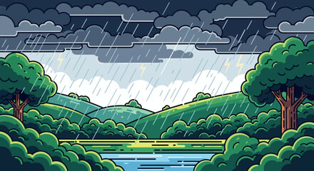 Obraz premium Vector landscape illustration of monsoon season with lush greenery, heavy rain, dark clouds, and reflections on wet ground