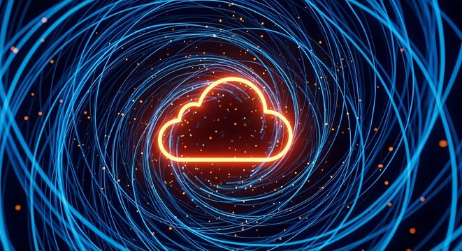 Glowing orange cloud icon with swirling blue light trails on dark background, symbolizing cloud computing and digital energy