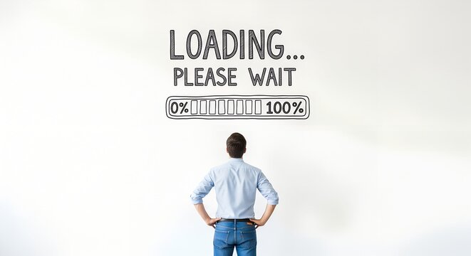 Person standing in front of wall with LOADING PLEASE WAIT message and empty progress bar, symbolizing anticipation and digital delay