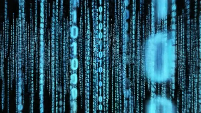 Blue binary code cascading down a dark screen creating a digital matrix effect background view