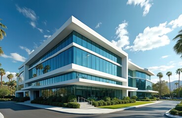 Obraz premium Modern office building with sleek design. Architecture features large glass windows and white facade. Exterior scene includes palm trees green bushes. Blue sky completes urban business landscape.