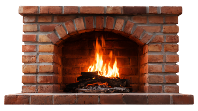 fireplace with burning logs on white
