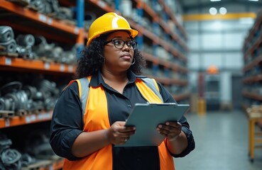 Black woman worker in warehouse wearing safety helmet looks at inventory. Female employee with clipboard inspects auto parts. Plus size african american worker in industrial factory.