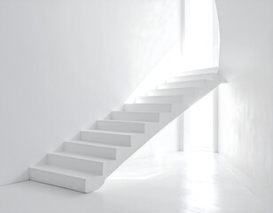 Fototapeta premium A stark white staircase ascends into bright light, contrasting against smooth walls. Interior architecture bathed in a minimalist, ethereal glow