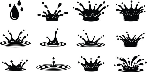 Splash water vector black set icon. Water drops, black sea ocean waves stencil. Liquid elements, cry droplet icons vector set.