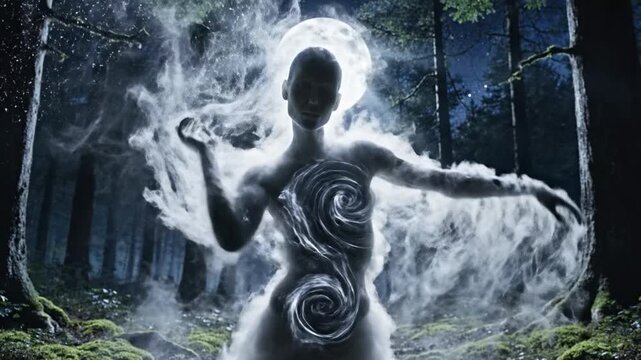 Mysterious figure with swirling smoke patterns dark forest full moon creating eerie supernatural atmosphere night mystical silhouette glowing mist illuminated trees mossy ground ethereal silhouette