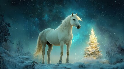 Majestic White Horse in a Winter Wonderland with Christmas Tree