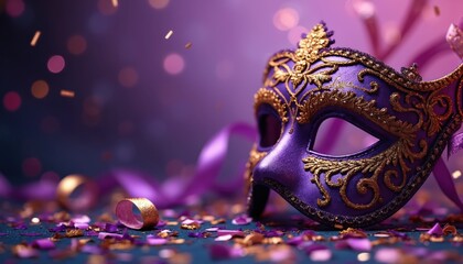 Ornate purple mask with gold trim rests on surface covered in festive confetti, ribbons. Purple ribbon curls nearby, adding to celebratory atmosphere. Scene suggests masquerade, carnival, special