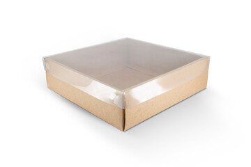 Blank craft box mockup with transparent window isolated on white background