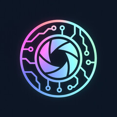 Neon Tech Circuit Camera Lens Icon – Futuristic Photography Logo Vector