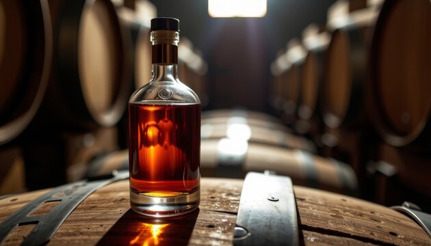Crafting spirits a glass bottle filled with aged whiskey in a rustic distillery capturing tradition and mastery