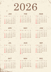 Vector Brown 2026 Year Calendar Printable Template