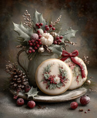 Rustic Christmas cookie arrangement with holly-decorated sugar cookies, pinecones, and whipped frosting, set in a cozy holiday setting with warm lights
