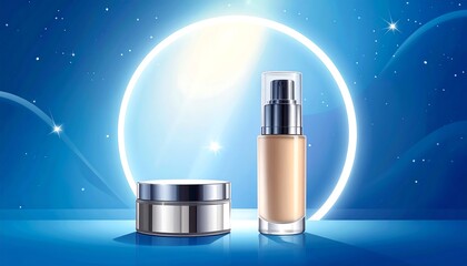 Cosmetic product packaging on a blue backdrop. A glowing ring behind. Some stars add to the beauty