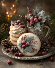 Rustic Christmas cookie arrangement with holly-decorated sugar cookies, pinecones, and whipped frosting, set in a cozy holiday setting with warm lights
