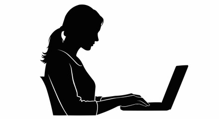 Silhouette of a woman sitting and typing on a laptop computer.
