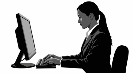 Professional woman working diligently at her computer in a focused posture.