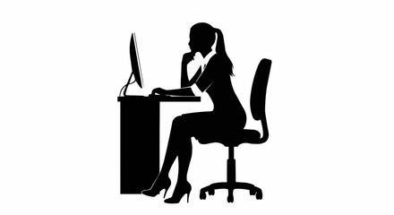 Silhouette of a woman working at a computer desk.