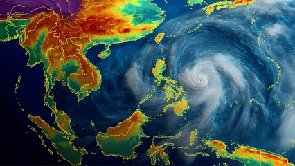 Satellite View of Super Typhoon Over Southeast Asia – Weather Map Visualization