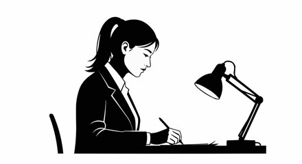 Woman in Suit Writing at Desk Under Lamp.