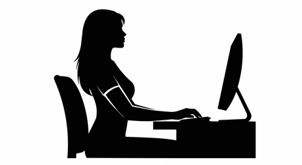Silhouette of a woman sitting at a desk using a computer.