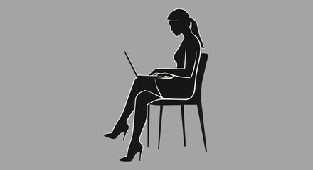 Silhouette of a woman working on a laptop while sitting on a chair.