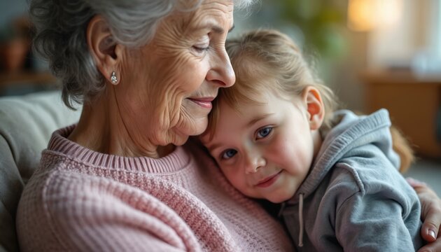 Elderly grandmother hugs young granddaughter. Senior woman, little girl share tender moment, showing deep family love. Sit close together at home, enjoying special bonding time indoors. Happy family. - Powered by Adobe