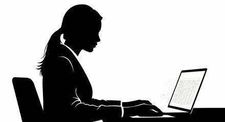 Silhouette of a professional woman working diligently on her laptop.