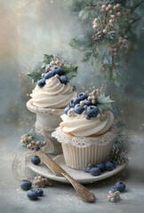 Elegant winter cupcakes with white frosting, blueberries, holly leaves, and delicate lace wrappers on a vintage plate in a snowy setting
