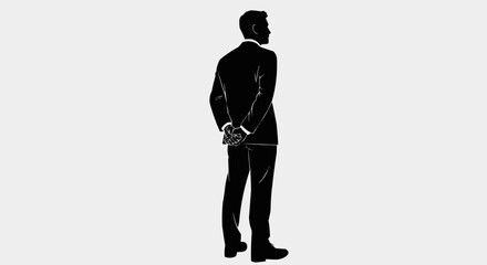 Silhouette of a man in a suit standing with hands behind his back.
