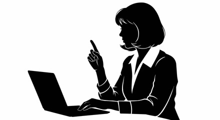 Silhouette of a woman working on a laptop and giving a warning.