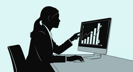 Businesswoman Analyzing Financial Data on Computer Screen.