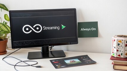 A monitor displaying streaming content with play icon on screen