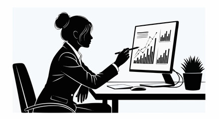 Silhouette of a professional woman analyzing business data charts on a computer.