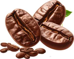 Close up of roasted coffee beans with detailed texture and fresh green leaf, aromatic caffeine energy concept