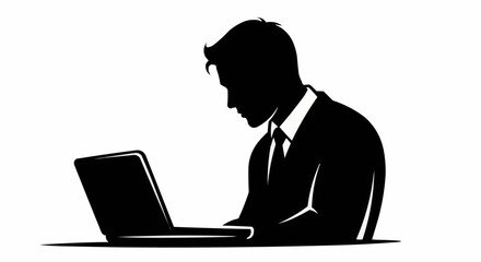Silhouette of a businessman working on a laptop.