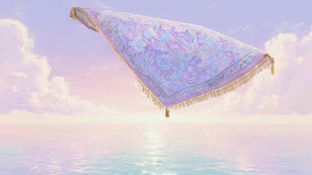 A flying carpet soars above a shimmering sea beneath a pastel sky