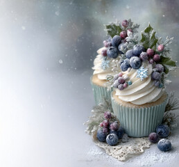 Winter-themed cupcakes with white frosting, sugared blueberries, holly leaves, and snowflake decorations in pastel blue wrappers on snowy background
