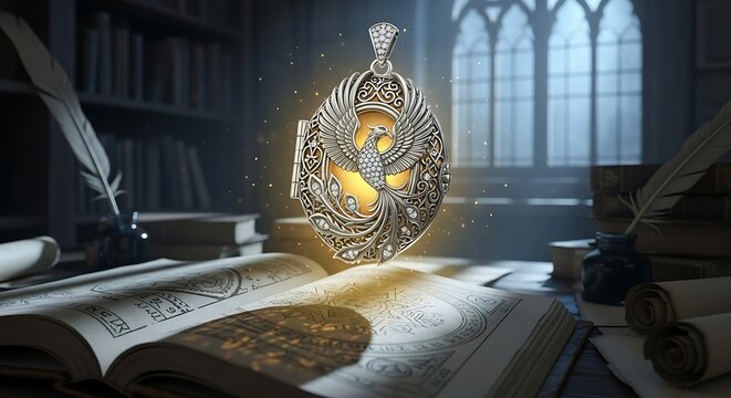 Discover ancient wisdom and mystical secrets with a dazzling phoenix locket floating above an illuminated open spellbook in a grand library setting.