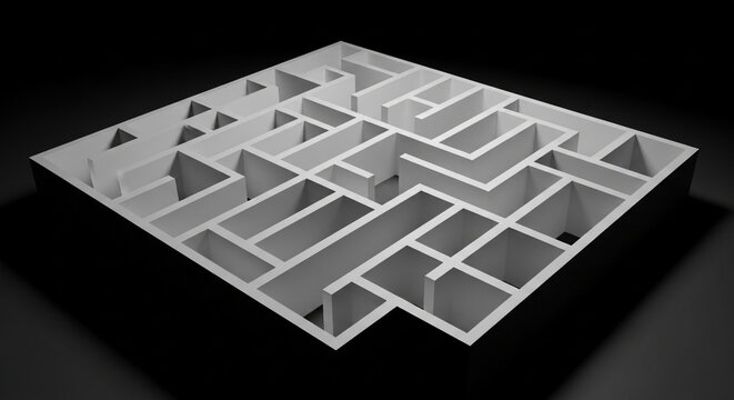 A complex, threedimensional white maze with many paths and dead ends, casting a shadow on a dark background