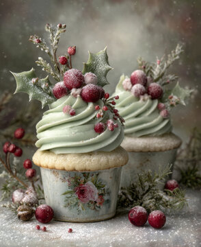 Festive green Christmas cupcake with holly decoration and sugared berries, styled with vintage cream pitcher in a snowy winter setting
