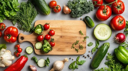 Fresh Vegetables and Herbs on a Wooden Cutting Board Top View