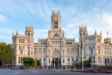 Facade of Cibeles Palace, Palace of Communications or Palace of Telecommunications, in Madrid, Spain
