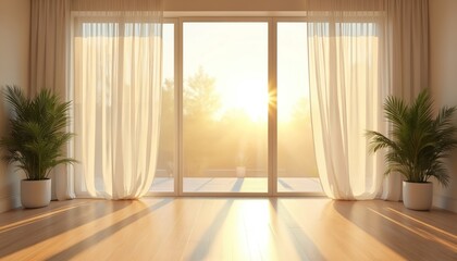 Fototapeta premium Bright golden sunrise streams through large floor-to-ceiling window. Sheer white curtains flutter gently. Sunlight illuminates light wood floor, creating beautiful long shadows. Two green potted