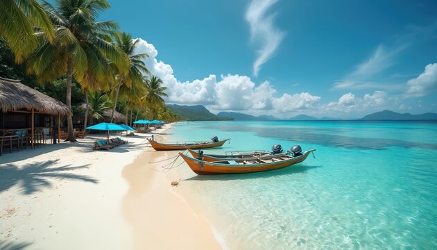 Two boats rest on tropical island beach near palm trees. Clear turquoise water laps white sand shore. Blue umbrellas provide shade over lounge chairs at beachfront resort.